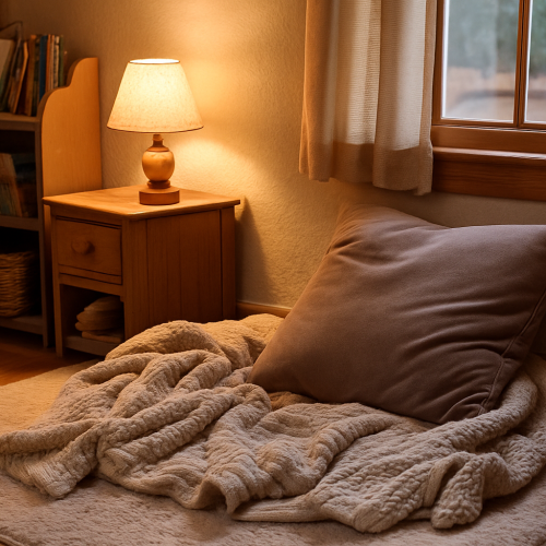 Ruhige gemütliche Ecke in einem Zimmer mit Decke und Kissen auf dem Boden.