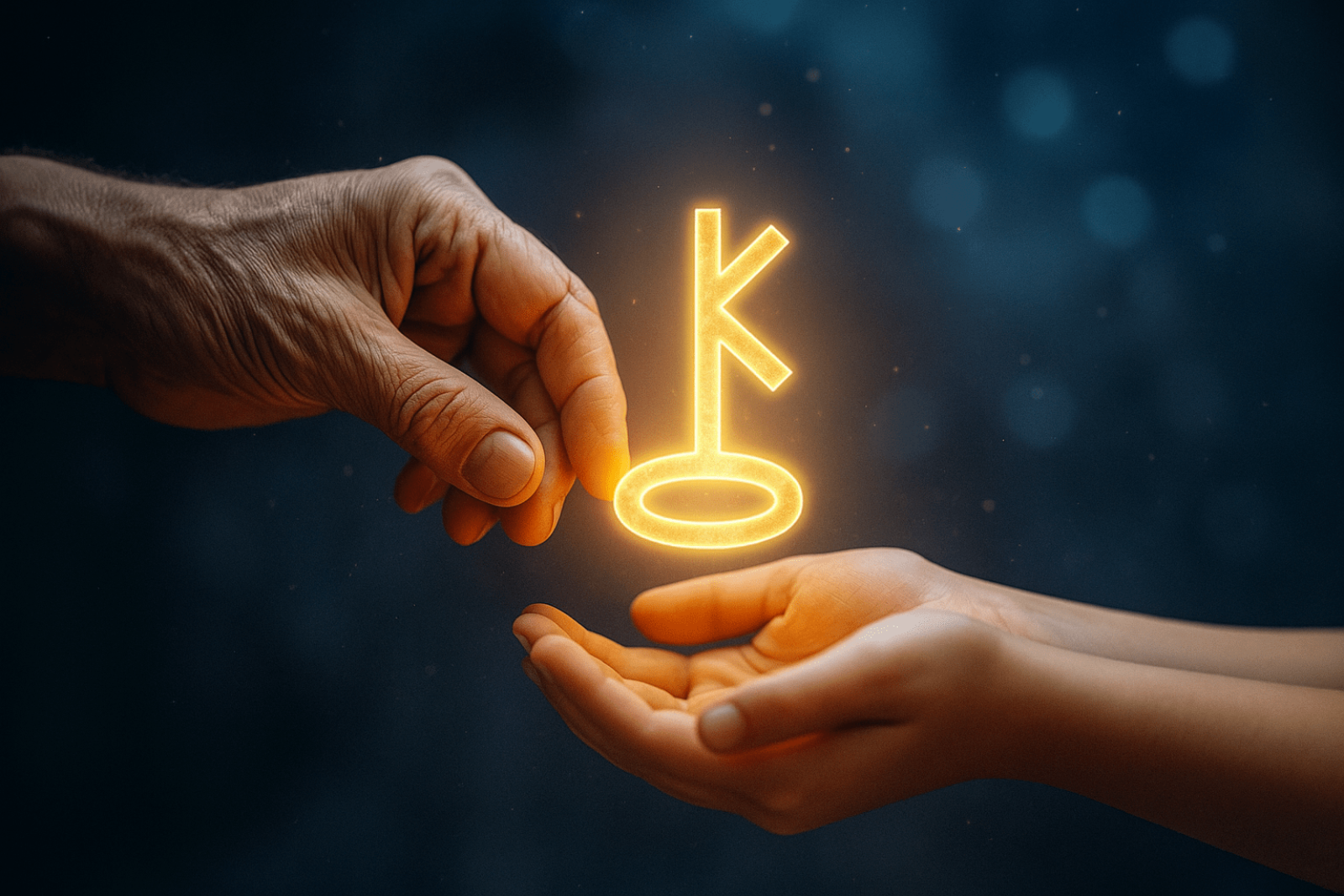 Eine erwachsene männliche Hand übergibt Kinderhänden den goldenen Chiron Schlüssel.