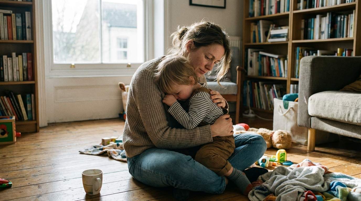 Eine Mutter hält ihren Sohn fest im Arm.