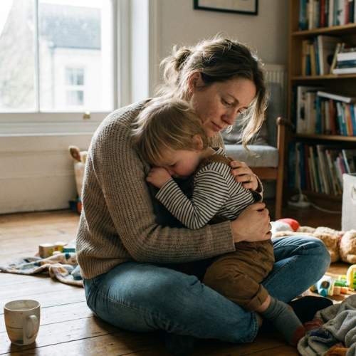 Eine Mutter hält ihren Sohn fest im Arm.