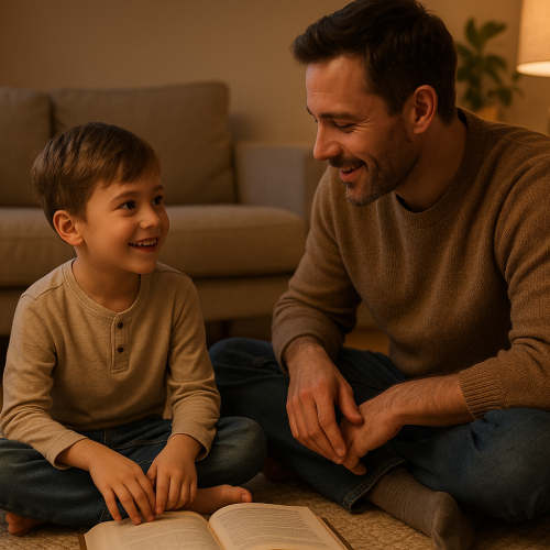 Vater und Sohn sitzen zusammen auf dem Boden und lesen ein Buch.