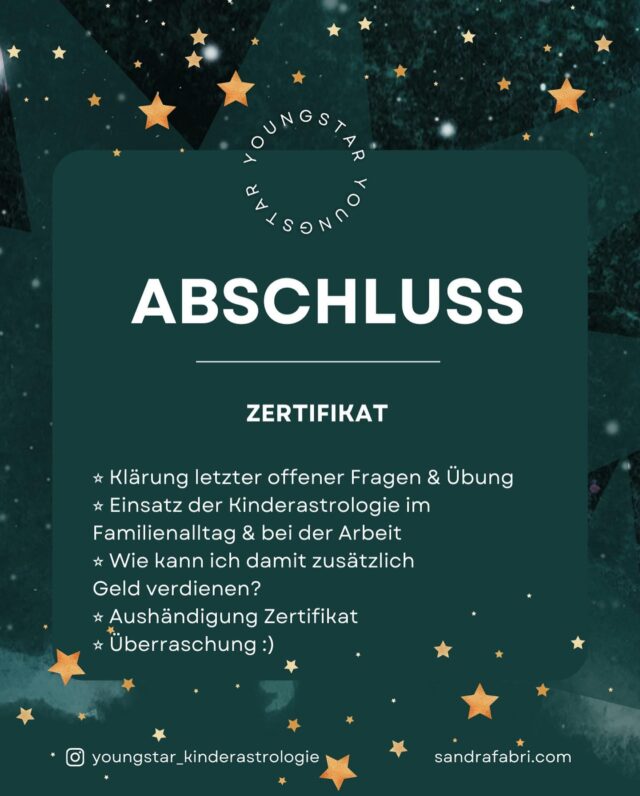 🎉✨🎓 Gefeiert wird beim Abschluss-Event & Live-Workshop am Sa, 21. Oktober 2023! 📚🌟

🗓️ Der große Tag ist endlich gekommen! 📌🎓

Am Abschluss Event werden wir Boxhieben alle offenen Fragen besprechen, unsere Reise reflektieren und ihr bekommt eure Abschlusszertifikate. Gemeinsam werden wir diesen wichtigen Meilenstein in eurer Kinderastrologie Ausbildung feiern. 🎉💫

Das Abschluss-Event wird jedoch nicht nur eine formelle Zertifikatsübergabe sein. Es erwartet euch auch eine Überraschung! Ich habe etwas Besonderes geplant, um diesen Tag zu einem unvergesslichen Erlebnis zu machen. 🎁✨

Es wird Raum für Fragen, Diskussionen und das Teilen von Erfahrungen geben. Es ist eine großartige Gelegenheit, unser erlerntes Wissen zu vertiefen und uns weiterzubilden. 💡🌈

Den Anmeldelink für die Ausbildung findet ihr in meiner BIO. Sichert euch euren Platz jetzt und begleitet uns auf diesem kreativen und bereichernden Bildungsweg! 📝✨

#Kinderastrologie #Ausbildung #AbschlussEvent #LiveWorkshop #Zertifikat #GemeinsamerAbschluss #Überraschung #Feier #Erfolg