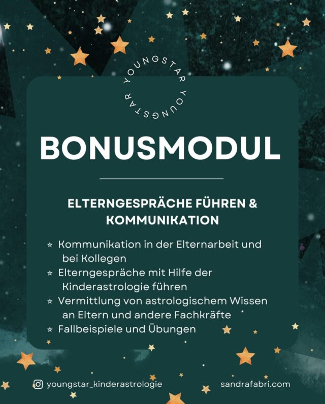 🗣️💫✨ Kommunikation ist der Schlüssel! Taucht ein in das Bonus-Modul 13 – Elterngespräche führen & Kommunikation! 📚🤝

🗓️ Dieses Bonusmodul ist ein entscheidender Baustein meiner Kinderastrologie Ausbildung, um euer neu erlerntes Wissen effektiv an Eltern und Kollegen weiterzugeben und sie in ihrem Alltag zu unterstützen. 📌💡

In diesem Modul werden wir uns intensiv mit der Kommunikation in der Elternarbeit und mit Kollegen befassen. Wir werden lernen, wie wir auf einfühlsame und professionelle Weise mit Eltern und anderen Fachkräften kommunizieren können, um ihnen astrologisches Wissen und Unterstützung anzubieten. 🌟🌈

Ein wichtiger Schwerpunkt liegt auf Elterngesprächen und wie wir sie mithilfe der Kinderastrologie führen können. Wir werden lernen, wie wir das erlernte Wissen anwenden und Eltern dabei unterstützen können, ihre Kinder besser zu verstehen und zu begleiten. 💖🔍

Den Anmeldelink für die Ausbildung findet ihr in meiner BIO. Sichert euch euren Platz jetzt und begleitet uns auf diesem bereichernden und praxisorientierten Bildungsweg! 📝✨

#Kinderastrologie #Ausbildung #Kommunikation #Elterngespräche #Astrologie #Elternarbeit #Fachkräfte #Fallbeispiele #Gastmentorin #Pädagogik #Unterstützung
